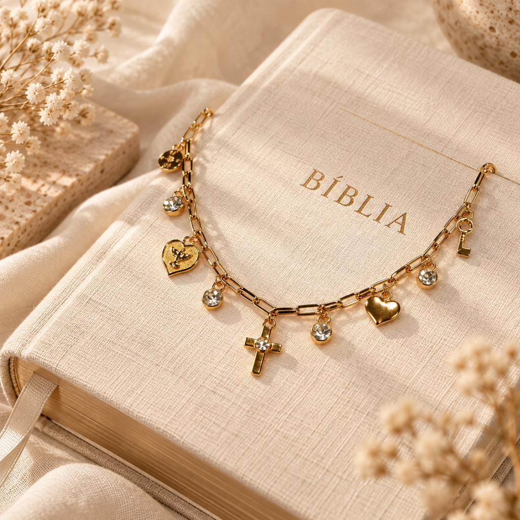 Bible Charm Chave da Fé — ambientado sobre Bíblia