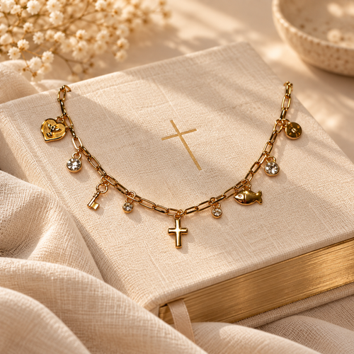 Bible Charm Símbolos da Fé — ambientado sobre Bíblia