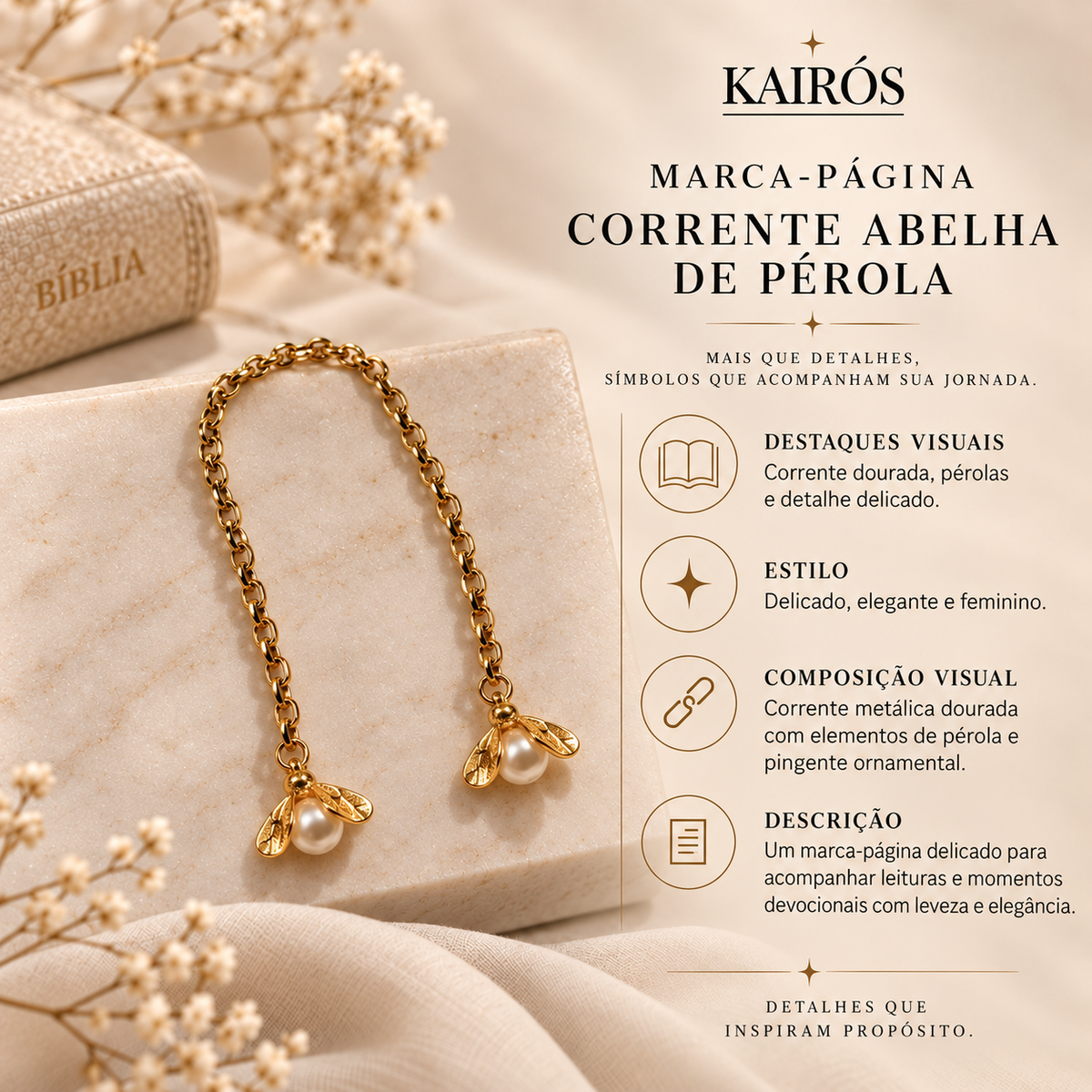 Marca-página Corrente Abelha de Pérola — card descritivo
