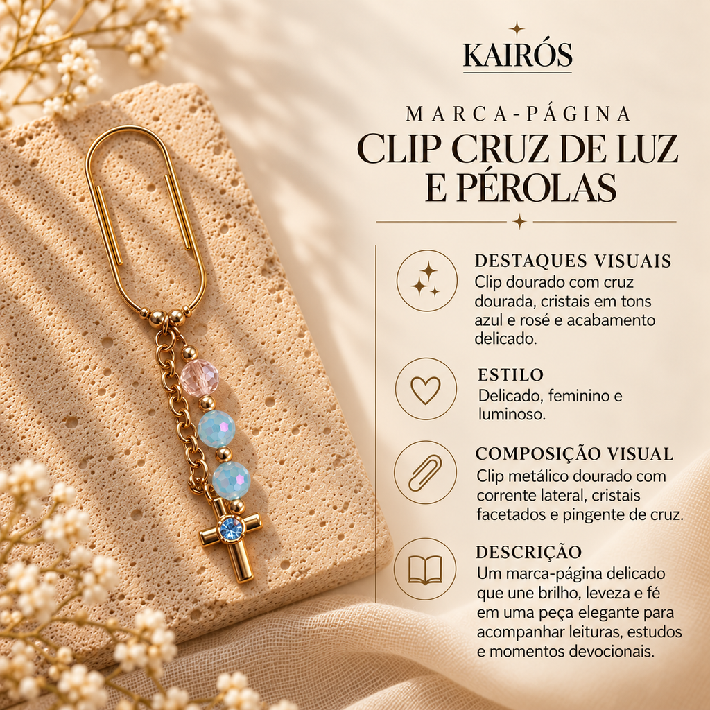 Marca-página Clip Cruz de Luz e Pérolas — card descritivo
