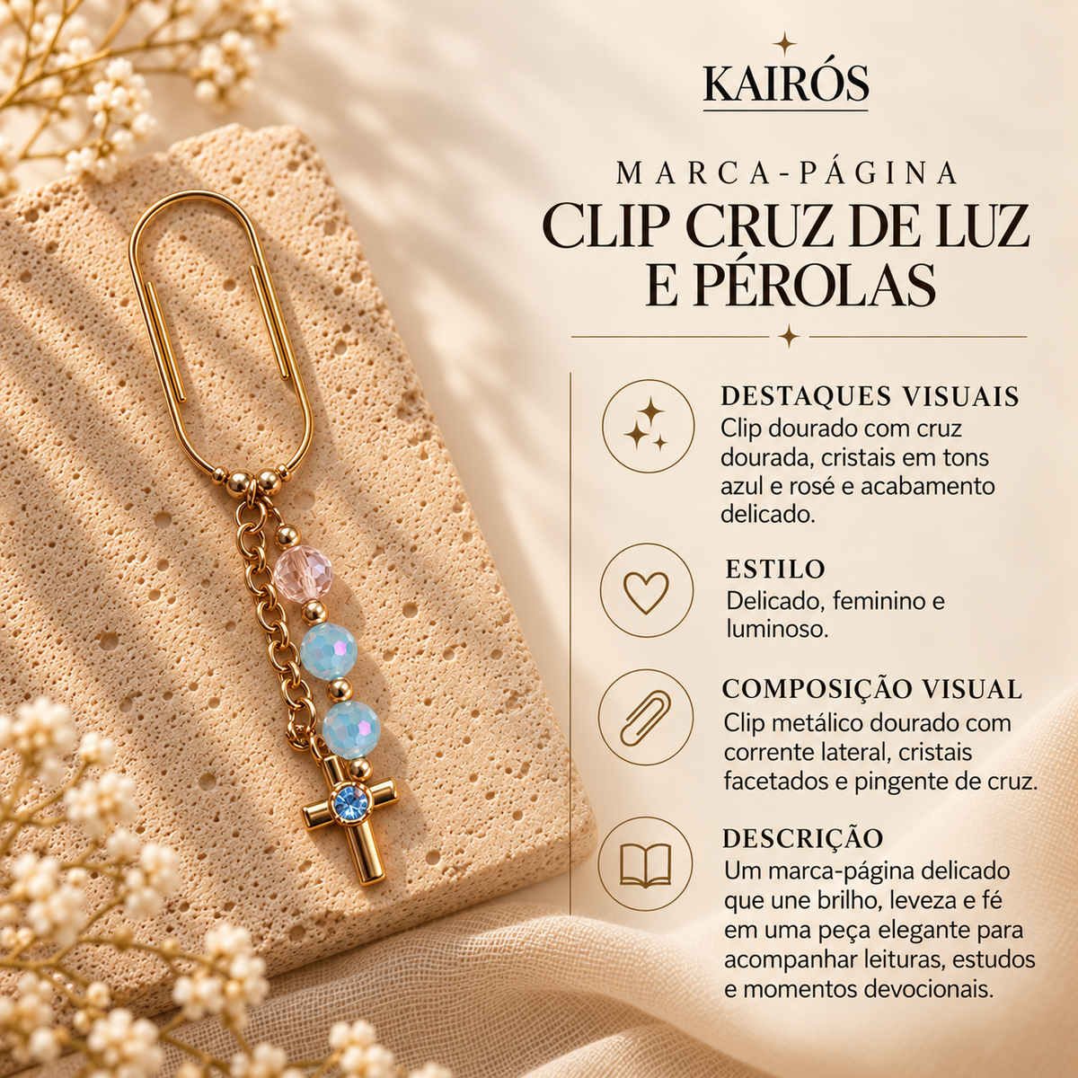Marca-página Clip Cruz de Luz e Pérolas — card descritivo