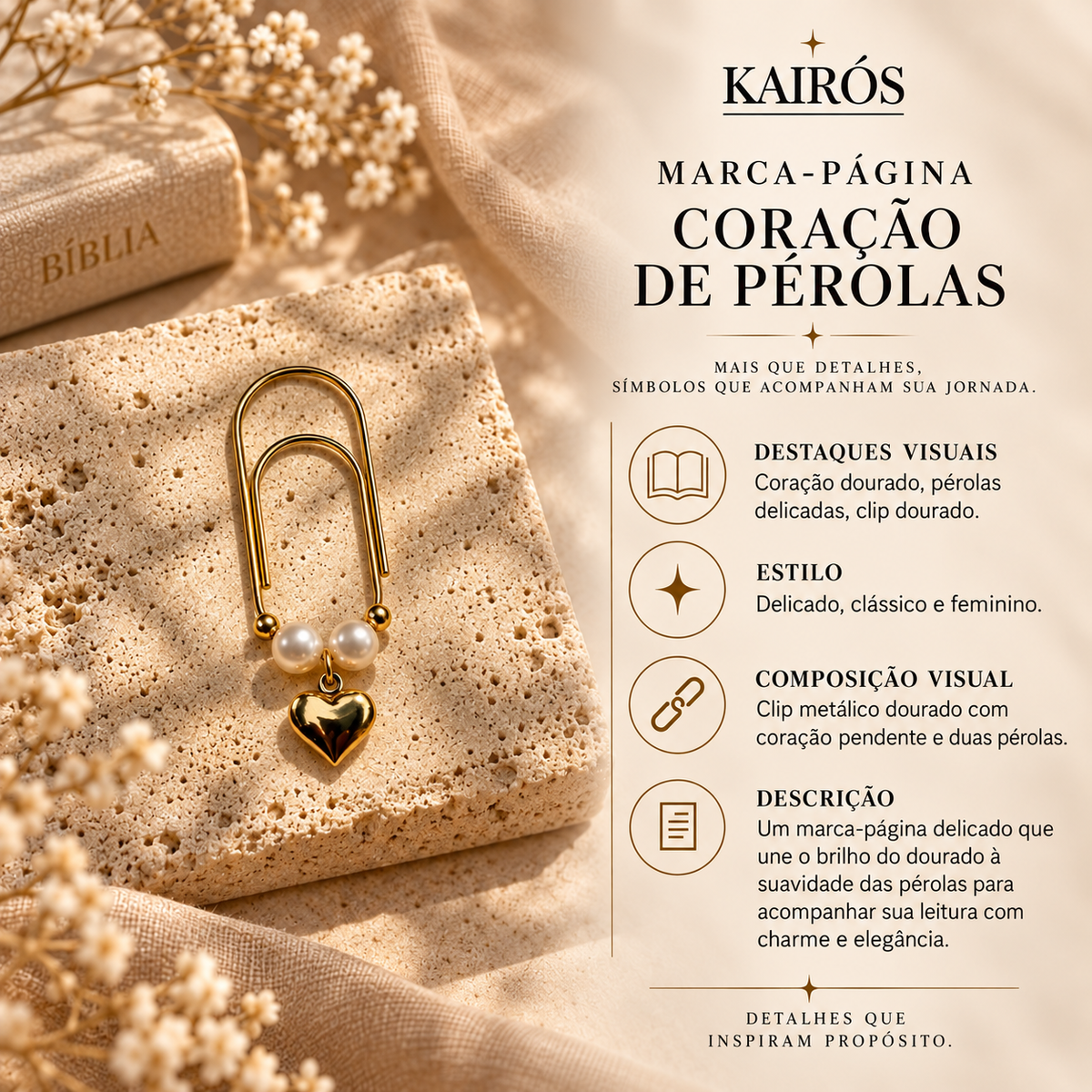 Marca-página Coração de Pérolas — card descritivo