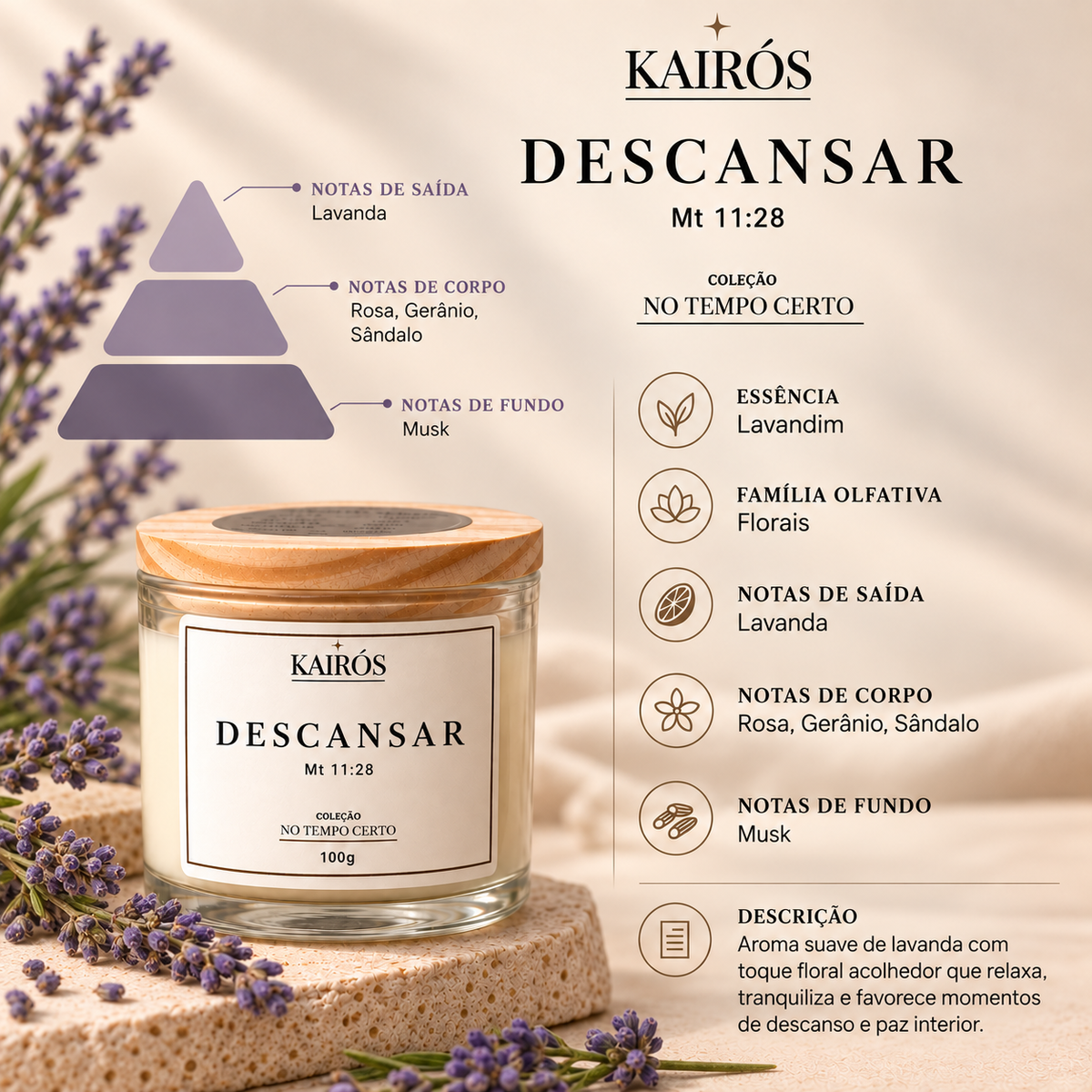 Vela Descansar Kairós - essência Lavandim e notas olfativas
