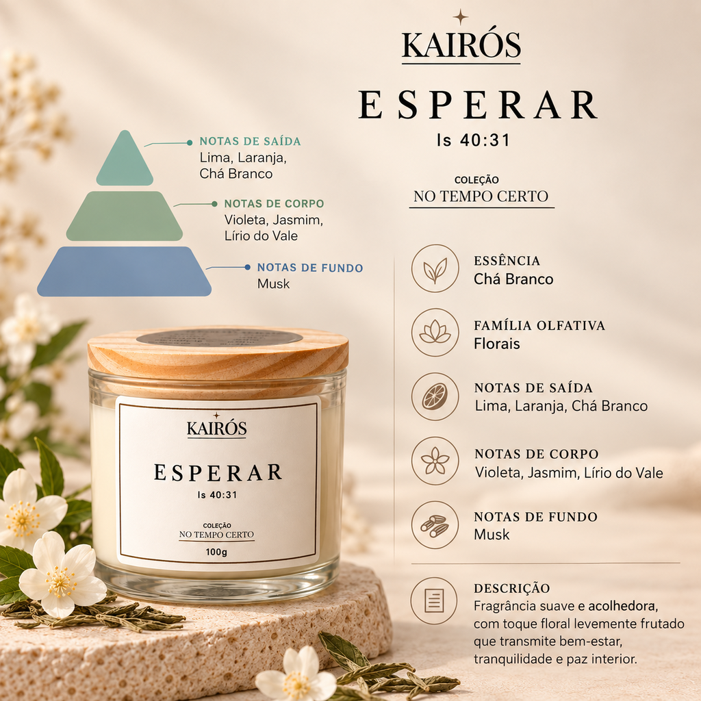 Vela Esperar Kairós - essência Chá Branco e notas olfativas