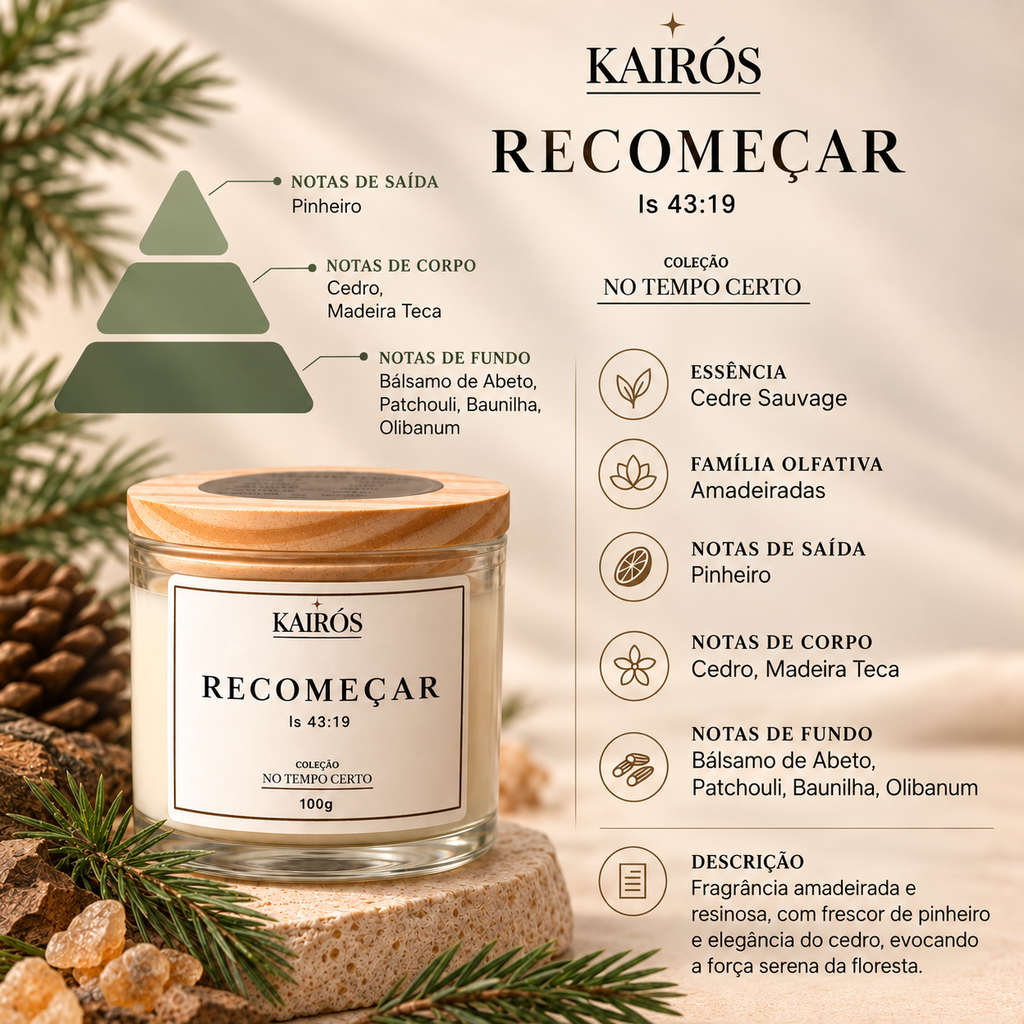 Vela Recomeçar Kairós - essência Cedre Sauvage e notas olfativas